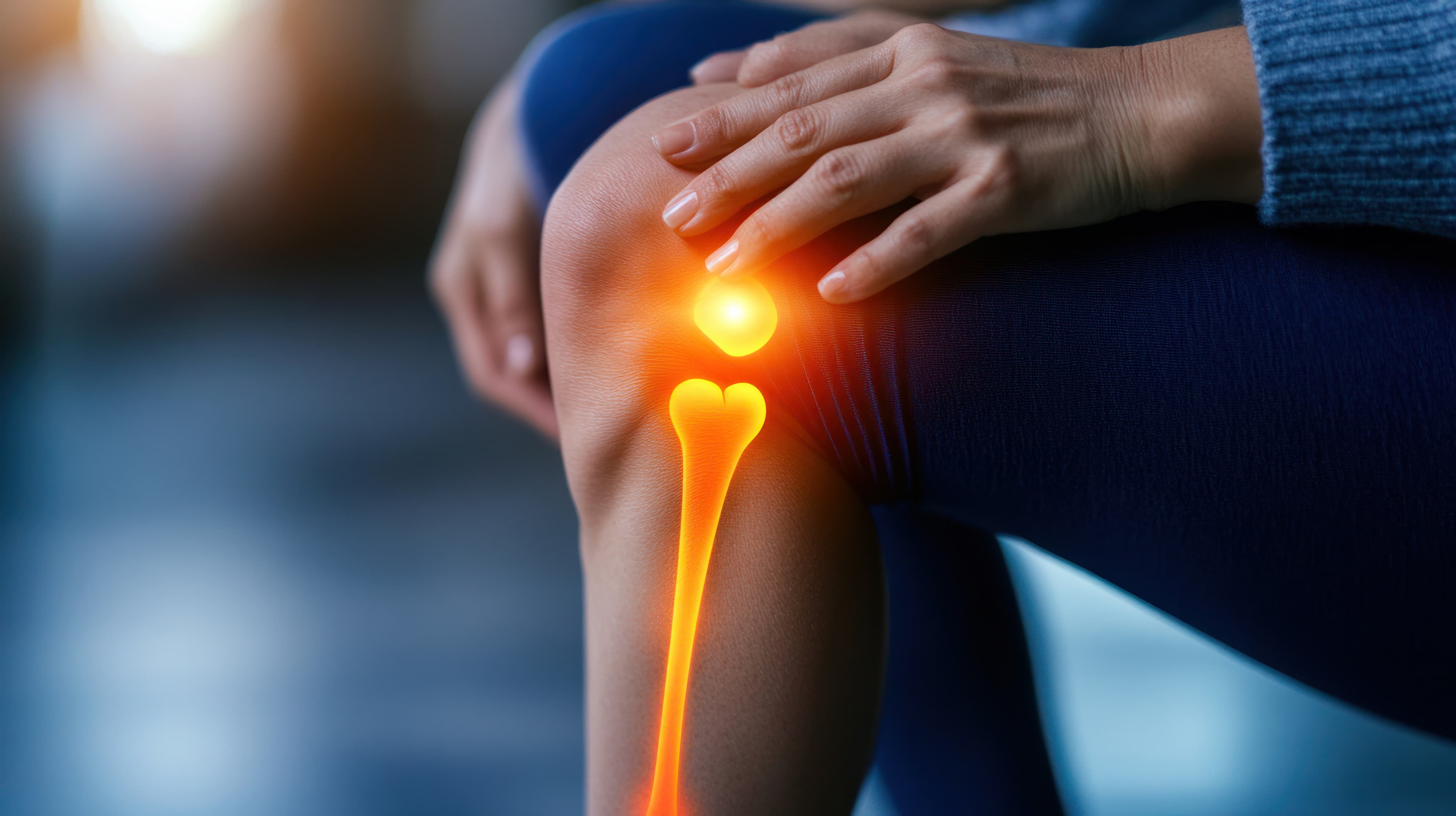 Close-up of a person holding their knee with highlighted joint pain visualisation.