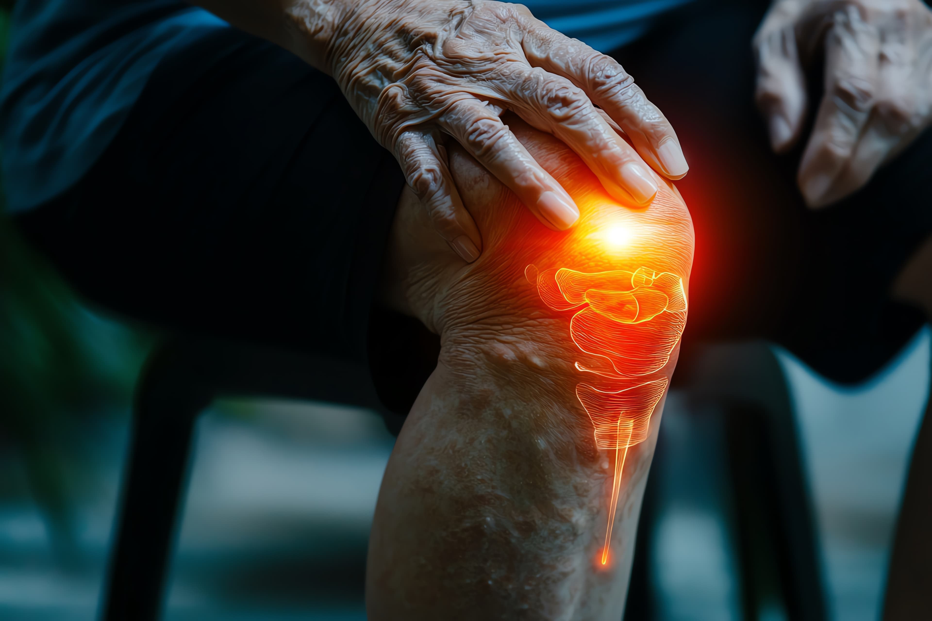 Close-up of an elderly person holding their painful knee joint with glowing pain indicator.