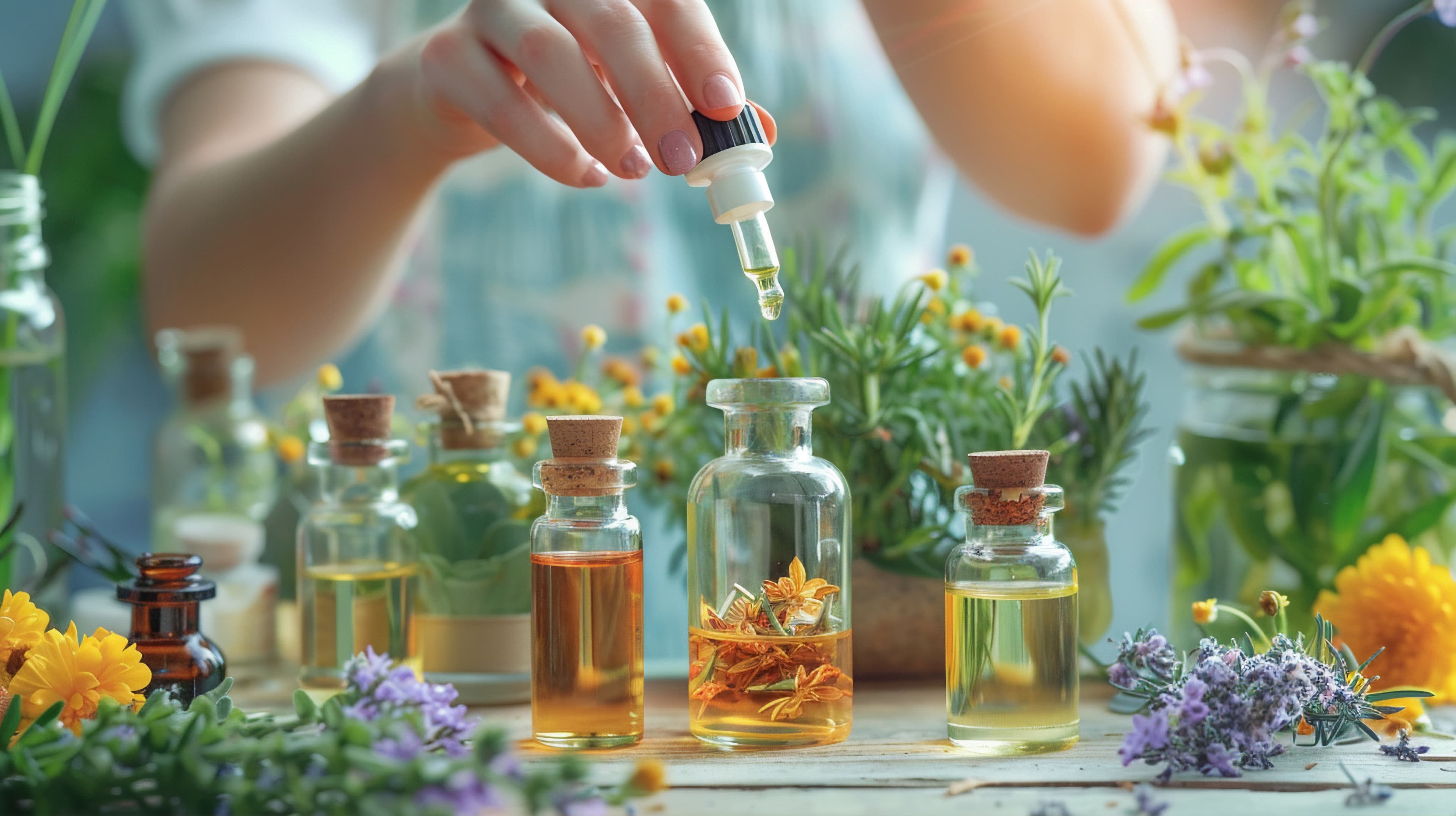 Ayurvedic practitioner preparing herbal oils with fresh herbs and flowers in the background.