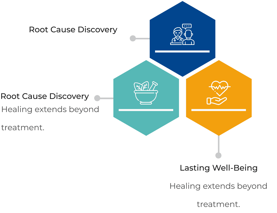 Three-step Ayurvedic healing journey: Root Cause Discovery, Tailored Healing Journey, and Lasting Well-Being
