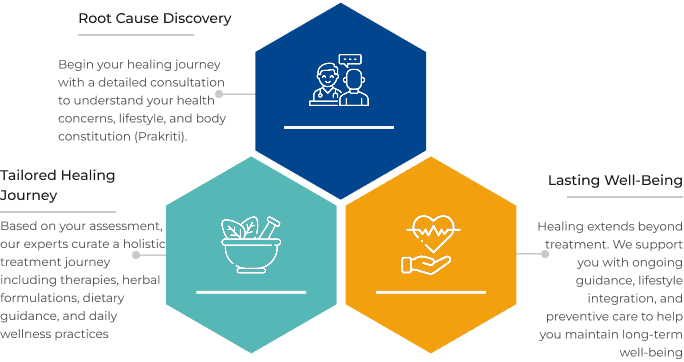 Three-step Ayurvedic healing journey: Root Cause Discovery, Tailored Healing Journey, and Lasting Well-Being