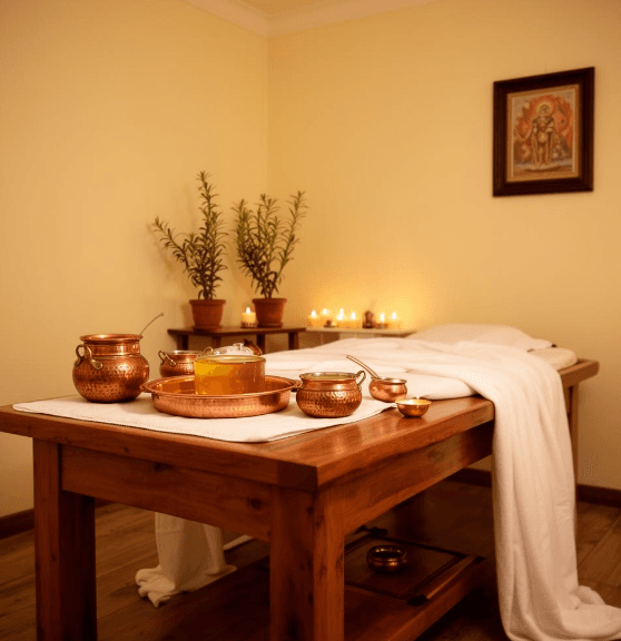 Warm Ayurvedic therapy room with copper utensils on a wooden table, lit by candle light.